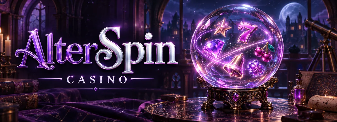 Alterspin Casino - fialový noční motiv se skleněnou alchymistickou baňkou a symboly automatů